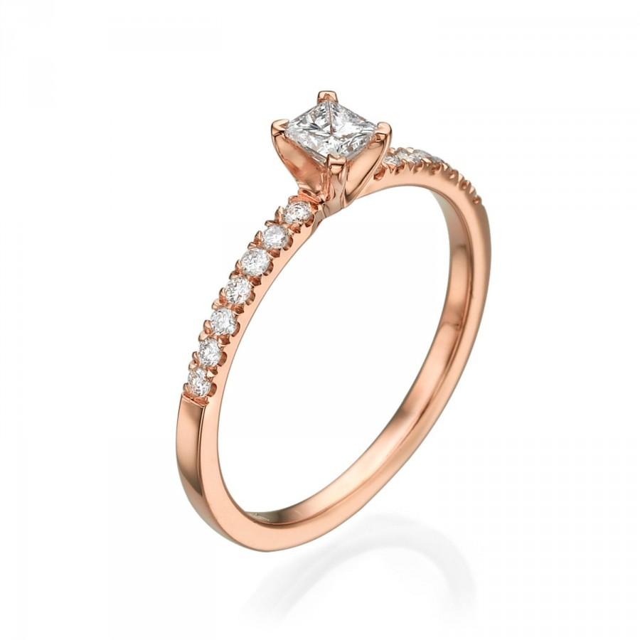 زفاف - Rose Gold Engagement Ring, Pave Diamond Ring, 0.37 TCW Princess Cut Diamond Engagement Ring, 14K Solid Gold, Pave Ring Size 6.25