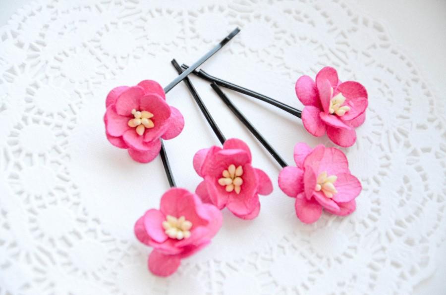Mariage - Wedding Hair Pins, Bridal hair clips, Pink Rose pins, Wedding flower pins, Pink rose bobby pins - set of five