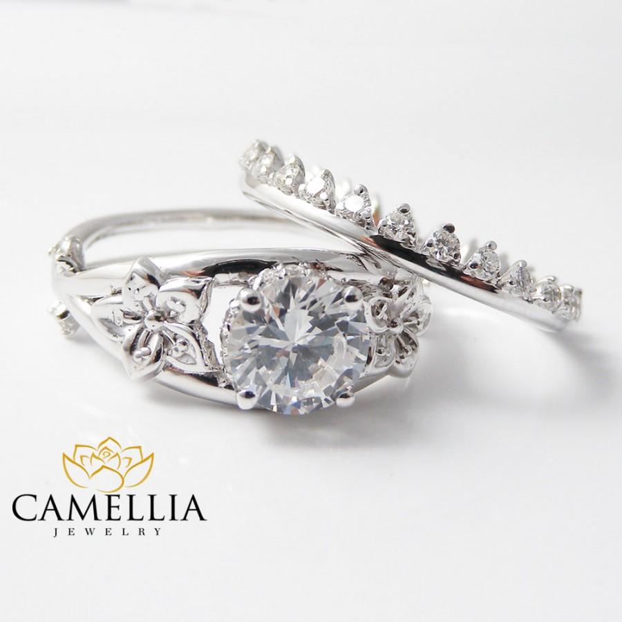 Hochzeit - Unique White Gold Engagement Rings 14K Diamond Bridal Set Ring 1CT Natural Genuine Diamond Ring