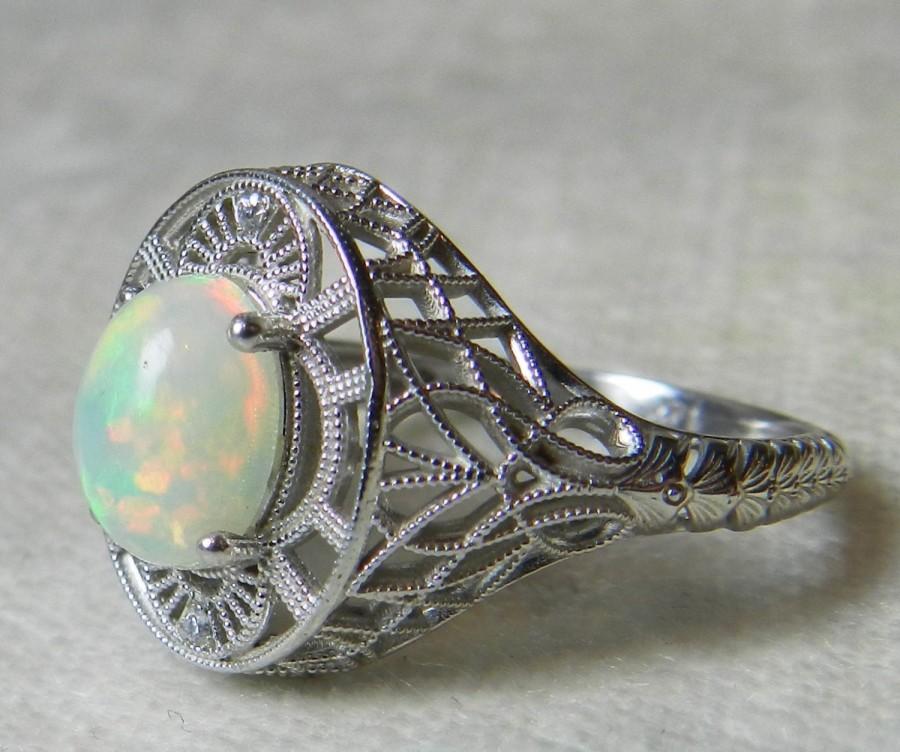 Wedding - Unique Opal Engagement Ring Diamond Halo Opal Engagement Ring  Art Deco Style Ring 1.0 Carat Opal in 14k white gold