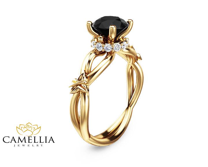 زفاف - Black Diamond Butterfly Engagement Ring 14K Yellow Gold Butterfly Ring Unique Black Diamond Ring