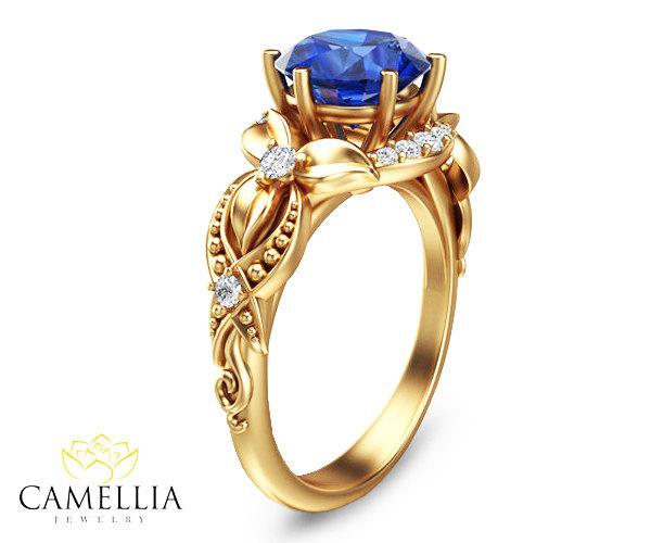 Mariage - 14K Yellow Gold Blue Sapphire Engagement Ring Blue Sapphire Ring Unique Engagement Ring Art Deco Sapphire Ring