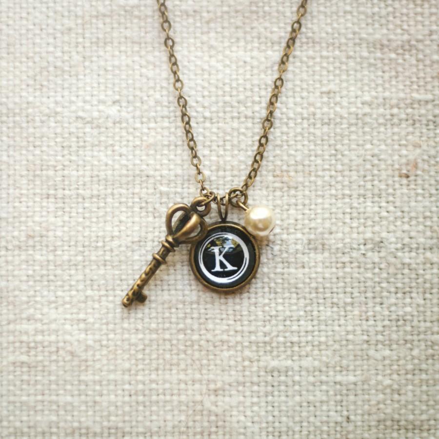 Wedding - Personalized Typewriter Key Initial Charm Necklace - Eden collection - Bridesmaid gift - Skeleton Key, Pearl