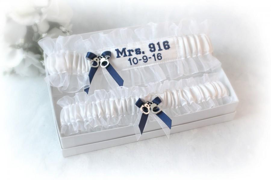 Hochzeit - Custom Police Wedding Garter Set - Custom Bridal Gift - Something Blue For Wedding - Personalized Bridal Garter Belt.