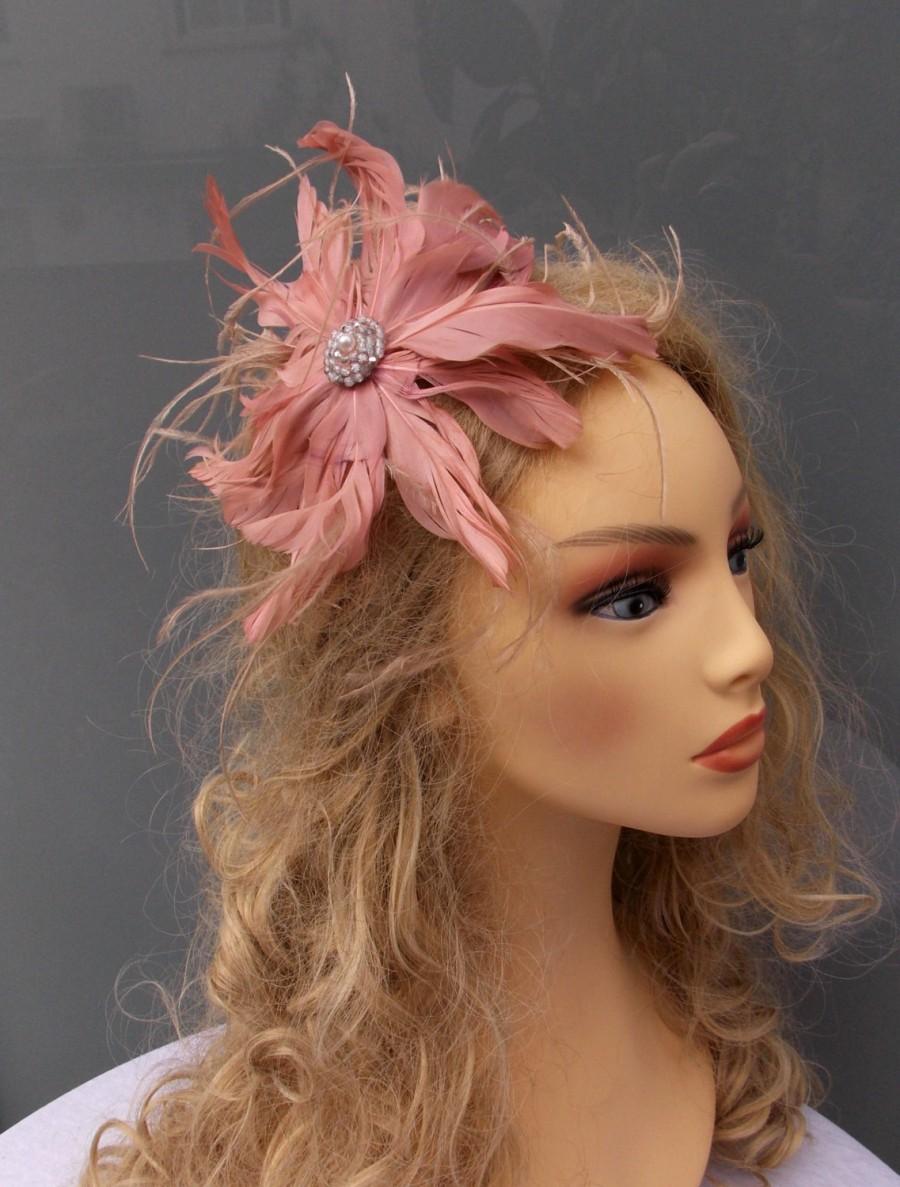 زفاف - Feathers flower, Flower hairpiece, Bridesmaid headpiece, Pink flower, Wedding accessories