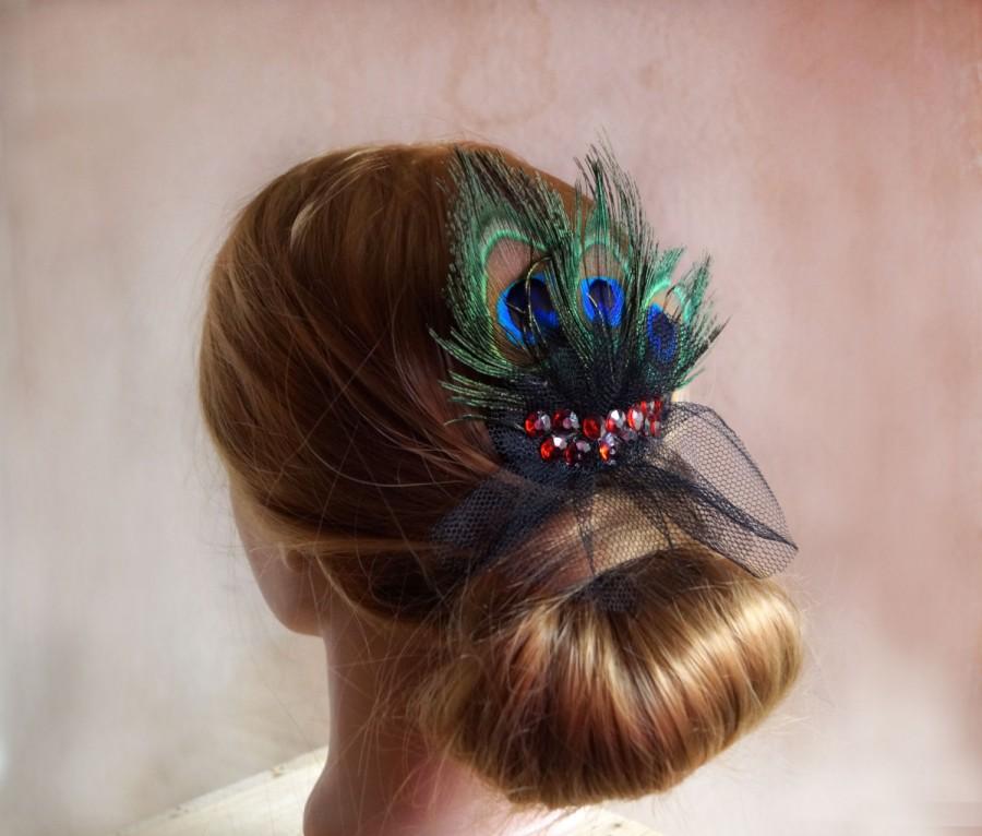 Свадьба - Hair comb, Wedding Hair Comb, peacock feathers, garden wedding, bridal headpiece,  bridal hair piece, glass crystals, black veil, for woman
