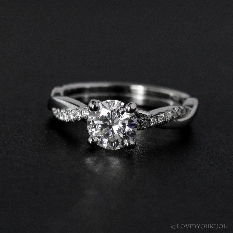 Wedding - Forever One Moissanite Ring - Twisted Vine Band - Engagement Ring, Modern Bride - Round Brilliant Cut