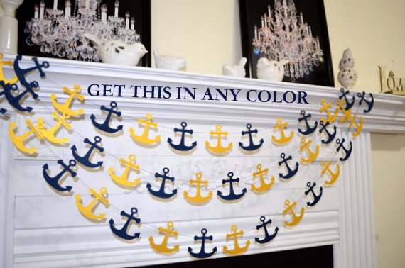 زفاف - Paper Anchor garland, navy gold anchor, nautical garland, nautical decorations, nautical wedding garland, anchor decor, gold bridal shower