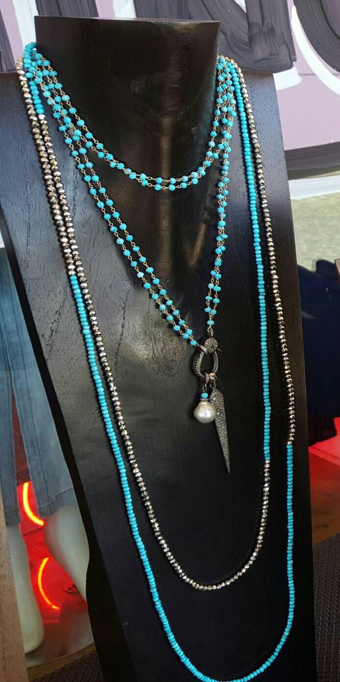 زفاف - Turquoise Necklace With Pave Diamonds Clasp, Pave Diamonds Spike And Silver Pearl
