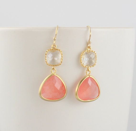 Hochzeit - Peach Earrings, Coral Earrings, Clear Crystal, Pink Glass, Gold Bridesmaid Earrings, Bridal Jewelry, Everyday Pink Wedding Bridesmaid Gift
