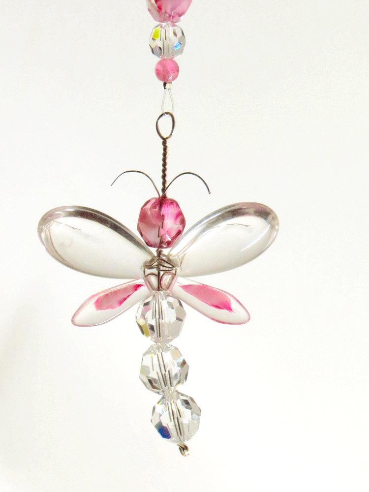 Свадьба - Pink Dragonfly Suncatcher Birthday Gift Swarovski Crystal Ornament Rear View Mirror Charm Gift for Women Car Charm Women's Car Accessories