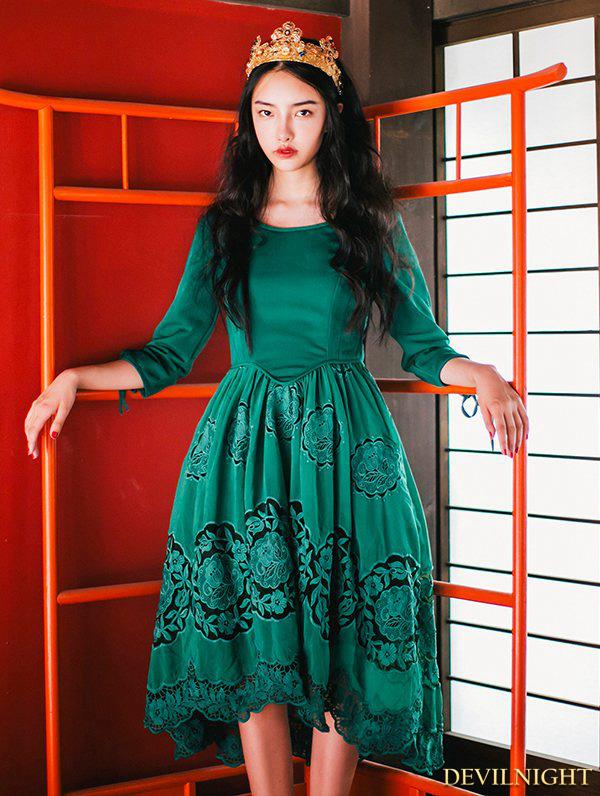 Wedding - Green Floral Lace Palace Style Medieval Inspired Short Dress