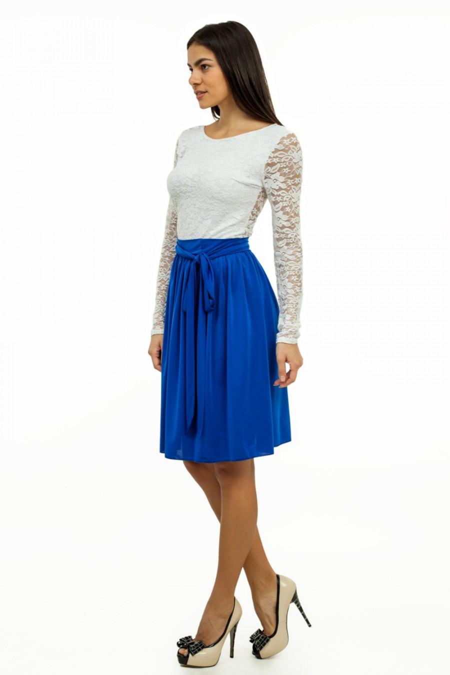 زفاف - Cocktail Dress Cobalt Blue With White Wedding Lace Dress Bridesmaid Knee Length Dress.