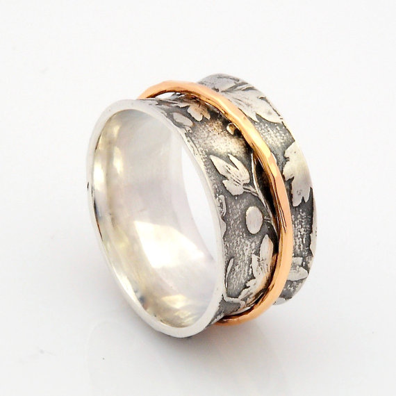 زفاف - Silver and Gold Spinner Ring - Leaf Motif Ring - Concave Comfort Fit Ring - Nature Inspired Woodland Ring - Handmade Gold spinner ring