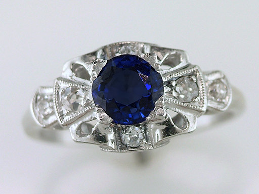 Wedding - Vintage Antique 1.10ct Sapphire & Diamond Platinum Art Deco Engagement Ring