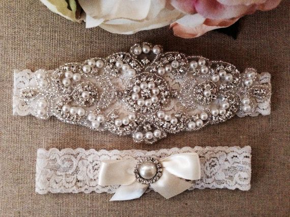 زفاف - Wedding Garter - Bridal Garter - Pearl And Crystal Rhinestone Garter