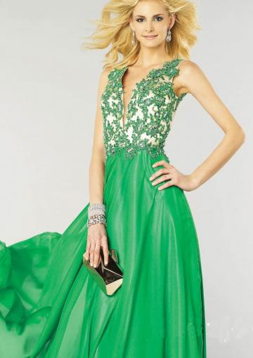 Mariage - Open Back Ruched Sleeveless Green Red V-neck Chiffon Blue Floor Length