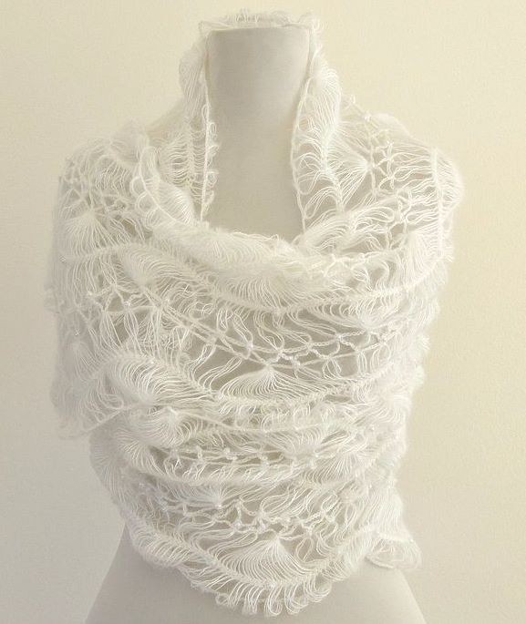 زفاف - White Crochet Shawl Lace Mohair Beaded Wedding Shawl Wrap Exclusive Elegant