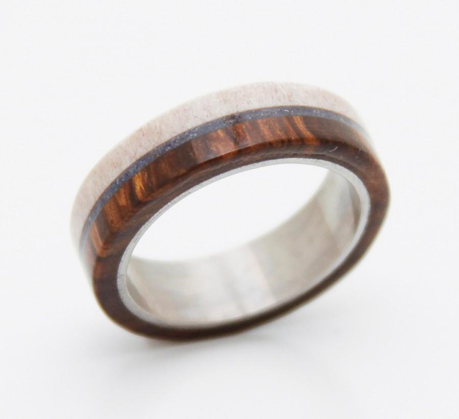 Hochzeit - Antler Ring man ring wedding ring with antler and wood ring titanium band and lapis turquoise inlay
