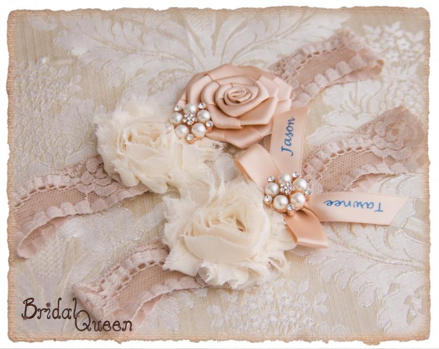 Hochzeit - Rose Gold Wedding Garter Set,  Blush Bridal Garter Set, Lace Garter Set - Champagne Lace, Cream and Blush Flowers