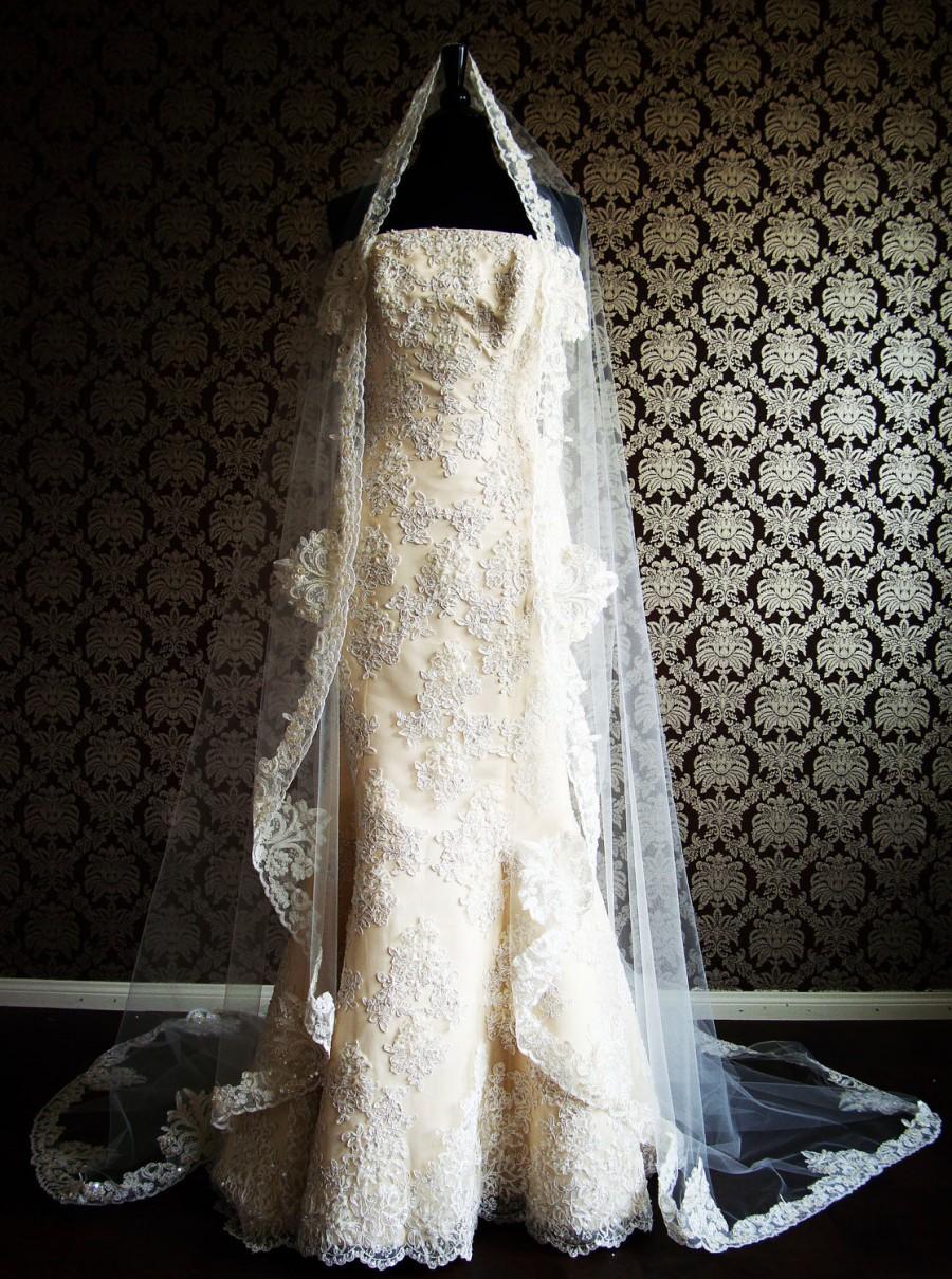 Hochzeit - Vintage Style Mantilla Chapel Length Beaded Bridal Veil by IHeartBride Edria Mantilla Style Bling Lace Veil ivory or White Custom Mantilla