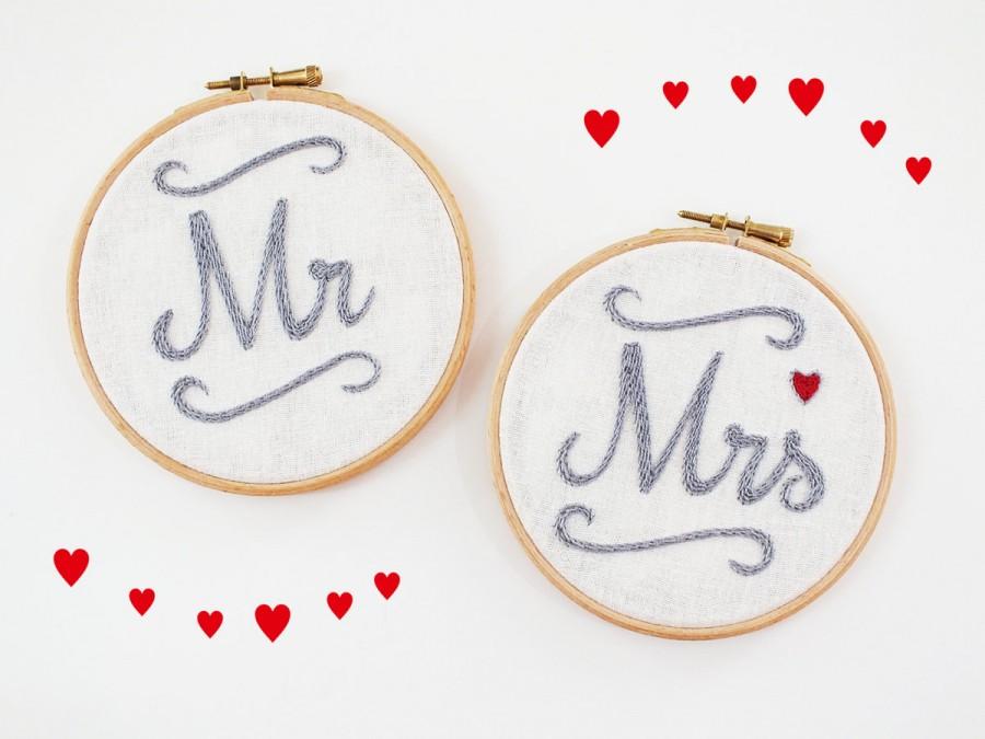 Wedding - Mr. and Mrs. Wedding signs, wedding chair signs, Wedding photo prop, Wedding sweetheart table decor, newlywed gift, customize embroidery