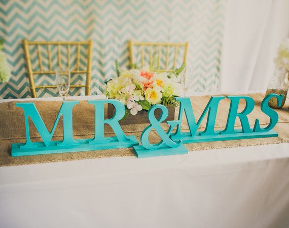Hochzeit - Mr And Mrs Wedding Signs For Hawaiian Beach Sweetheart Table - Teal, Peach, Mint, Coral - Mr & Mrs Letters For Wedding ( Item - MB100 )