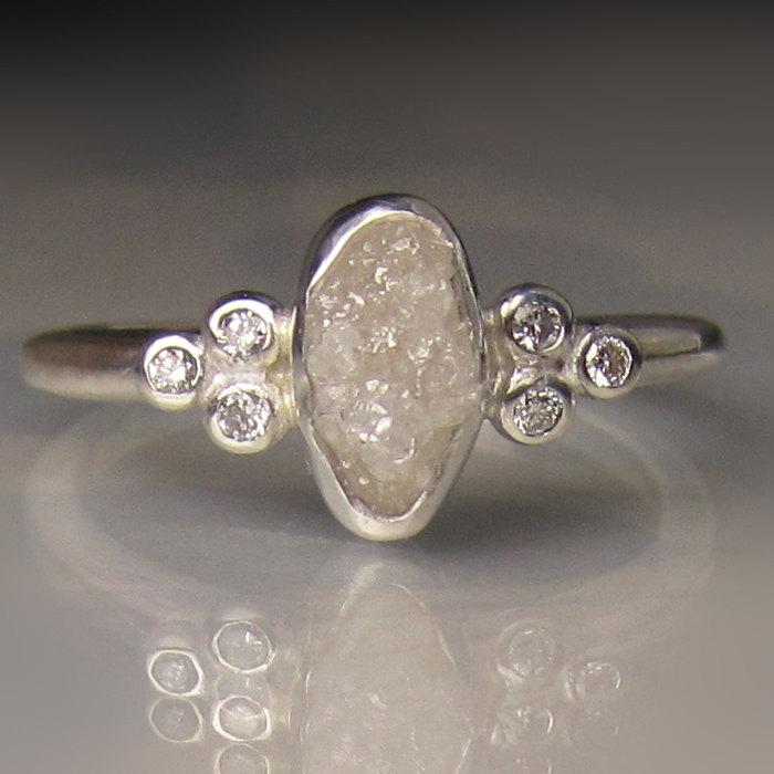 Wedding - White Raw Diamond Engagement Ring, Raw Diamond Cluster Ring, Rough Uncut Conflict Free Diamond