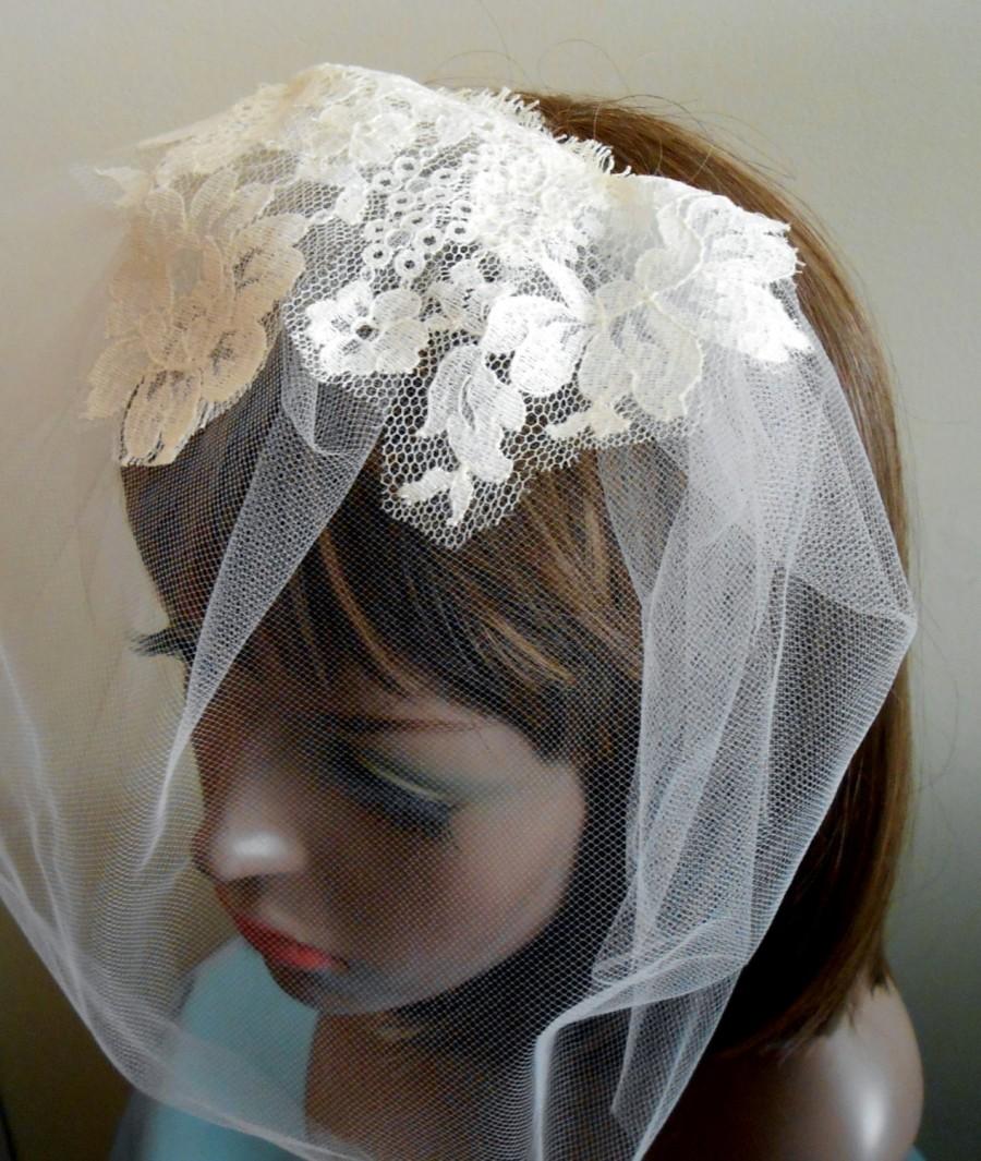 Wedding - Tulle Birdcage Veil with Vintage Lace Overlay Ivory Ready To Ship