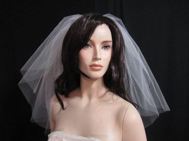 Wedding - 2 tier elbow length bridal veil, wedding veil with blusher 25 inches long, sheer, plain, raw cut, round bottom, elbow length, volume