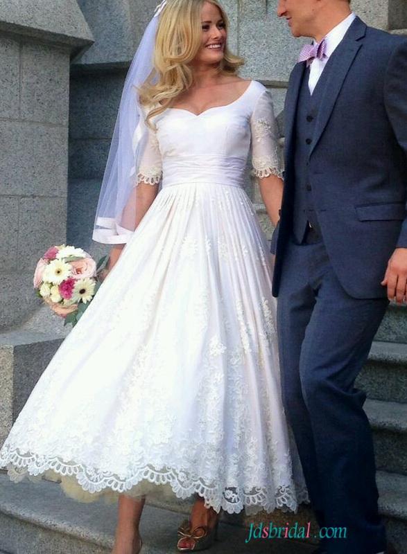 Wedding - H1557 Vintage half sleeved lace tea length wedding dress