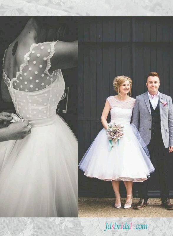Свадьба - H1556 Polka dot tulle tea length white vintage wedding dress