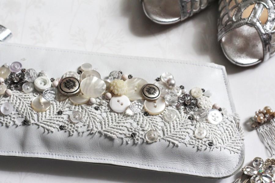 Hochzeit - White leather wedding bag, white bridal embellished clutch bag, bridal shower gift