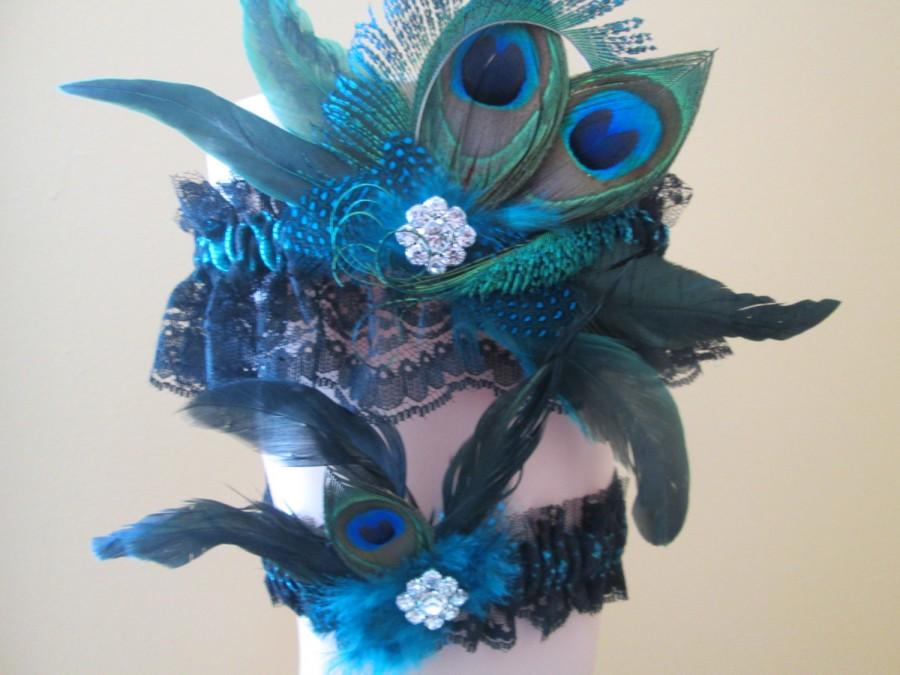 Hochzeit - Peacock WEDDING Garter Set, Teal Garters, Black Lace Garters, Steampunk Garters, Peacock Feather Garter, Gothic Garter, Something Blue