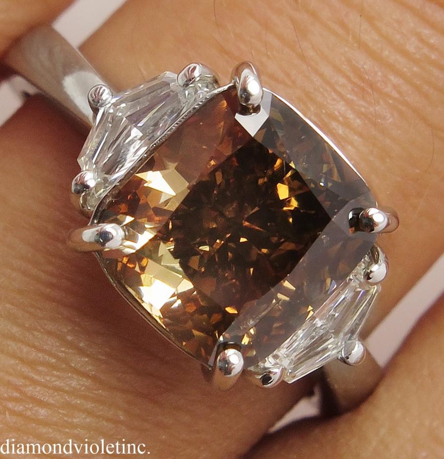 Hochzeit - GIA 4.75ct Estate Vintage Fancy Cognac Cushion Diamond Three Stone Engagement Wedding Ring Platinum