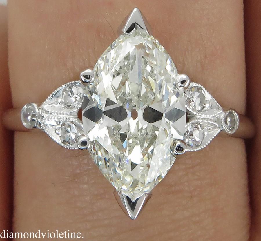 زفاف - 2.25ct Antique Vintage Art Deco Old Euro Marquise Diamond Engagement Wedding Platinum ring EGL USA