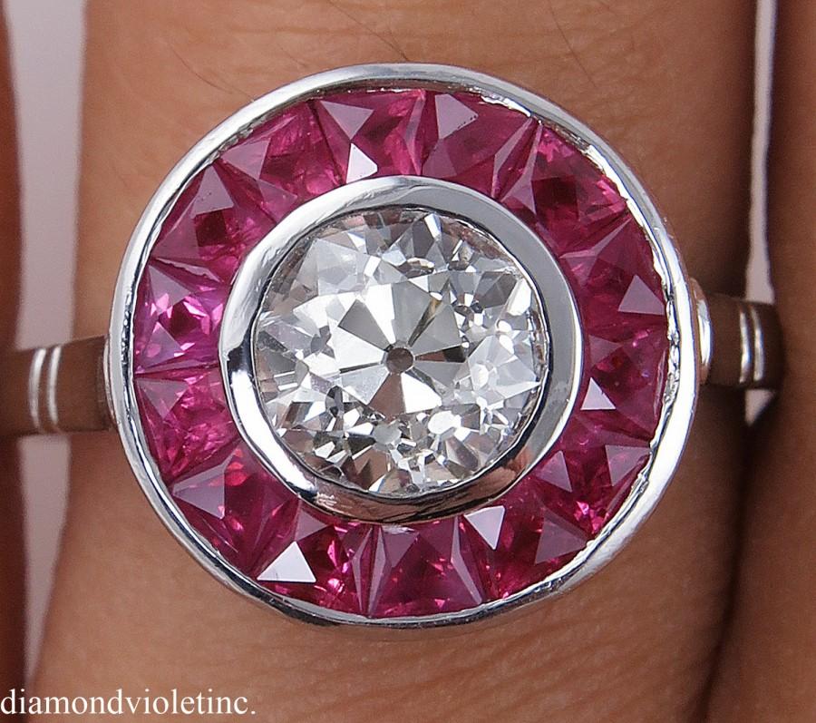 زفاف - 2.63ct Antique Vintage Art Deco Old European Diamond Ruby Engagement Wedding Platinum Ring EGL USA