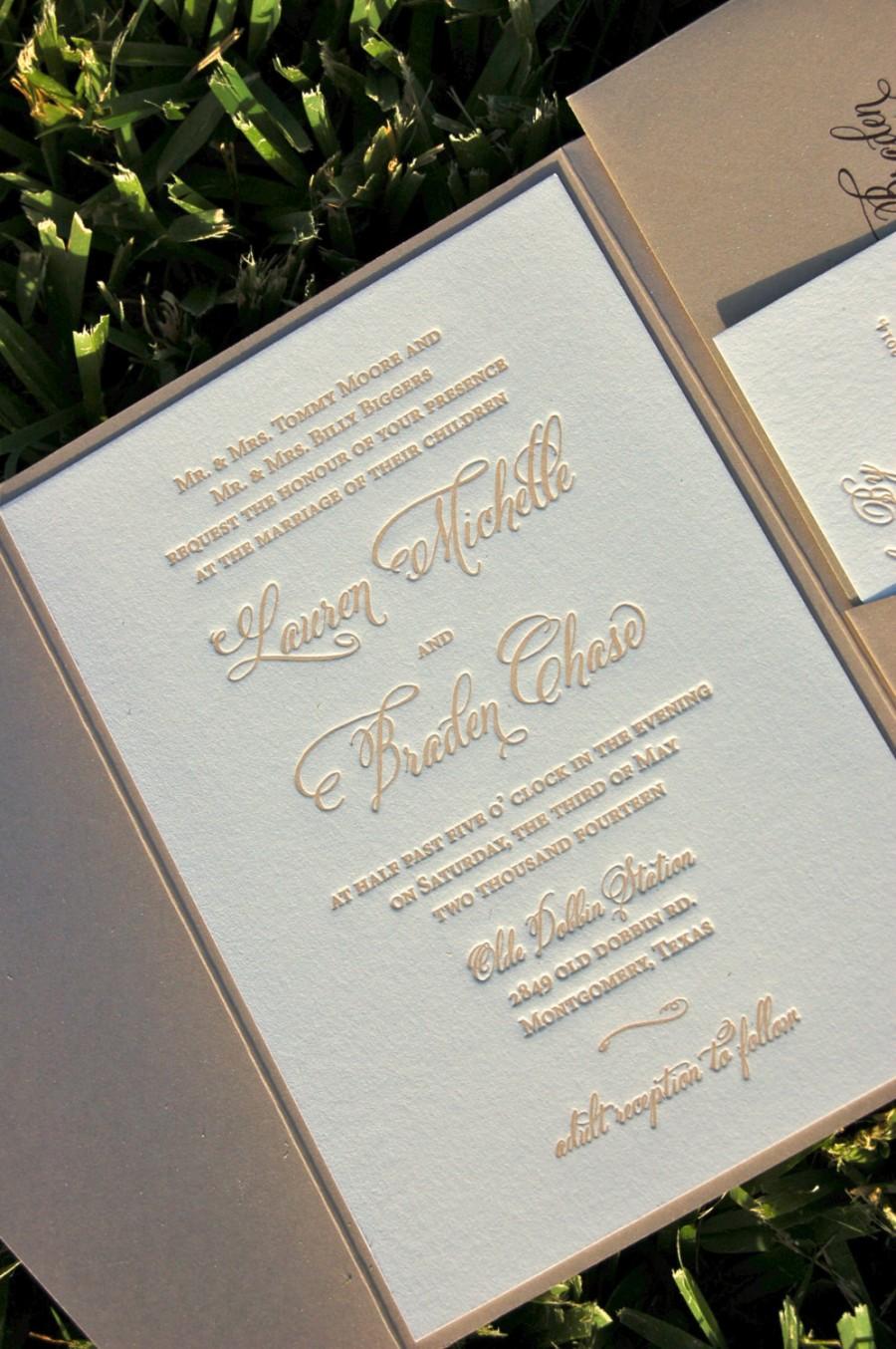 زفاف - Fawn and Champagne Wedding Invitation, Letterpress Wedding Invitations, Calligraphy Monogram Wedding Invitation