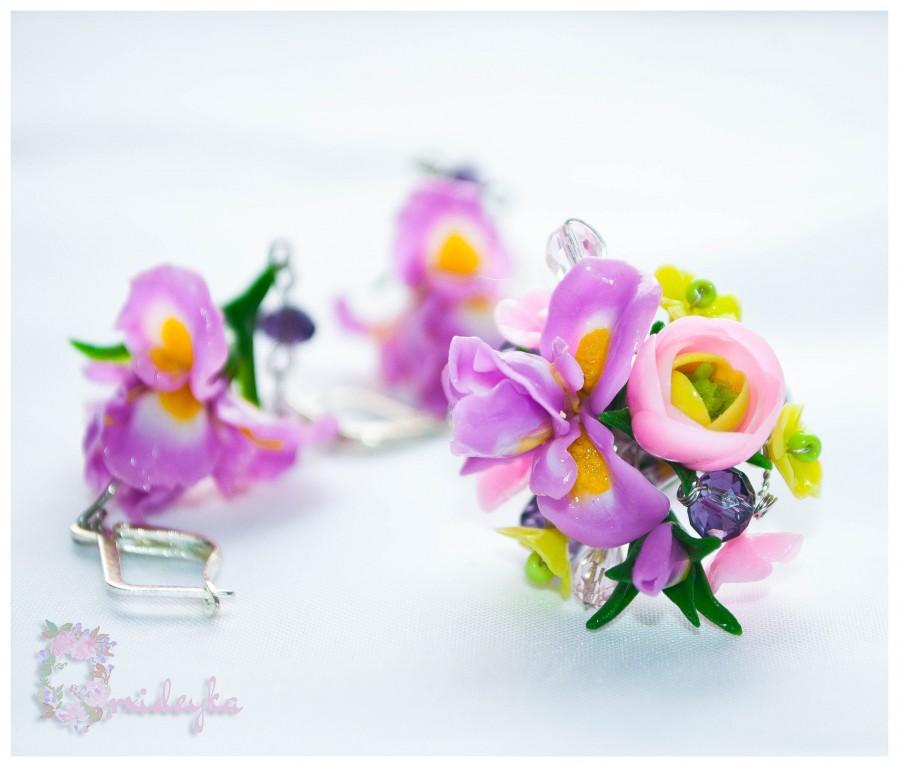 Wedding - Iris jewelry, ranunkulus, purple iris pendant, long purple iris earrings, iris ring, handmade, iris set, flower jewelry, polymer clay, gift