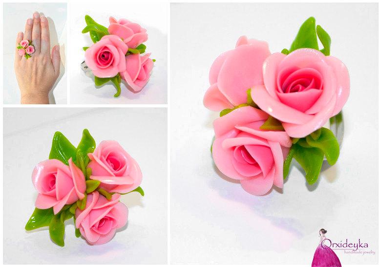 زفاف - Pink roses ring, ring with roses, flower jewelry, flower rose ring, pink rose, polymer clay ring, handmade ring, handmade jewelry, delicate flowers