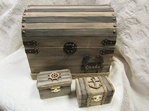 Wedding - Original nautical wedding card box and 2 ring boxes stained with black stripes anchor wheel crab