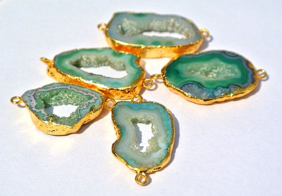 Свадьба - 5Pcs 24Kt Gold Electroplated Edge Green Druzy Agate Geode Slice Connector Double Loop Pendant, Station Connector, Charm Wedding
