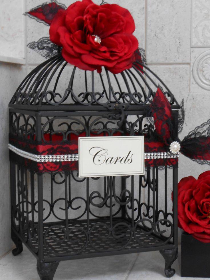Hochzeit - Red And Black Wedding Birdcage Card Holder / Wedding Card Box / Wedding Card Holder / Goth / Gothic / Victorian