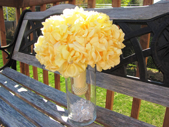 Mariage - Bride bouquet 8.5'' peonies bouquet fabric flower fabric bouquet customize bouquet bridal boutonniere bridal bouquet satin ribbon bouquet