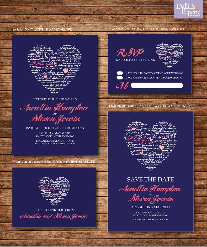 Свадьба - Wedding Invitation printables, Coral and Navy blue, Heart, Customized DIY, Thank you card, Save the date, RSVP