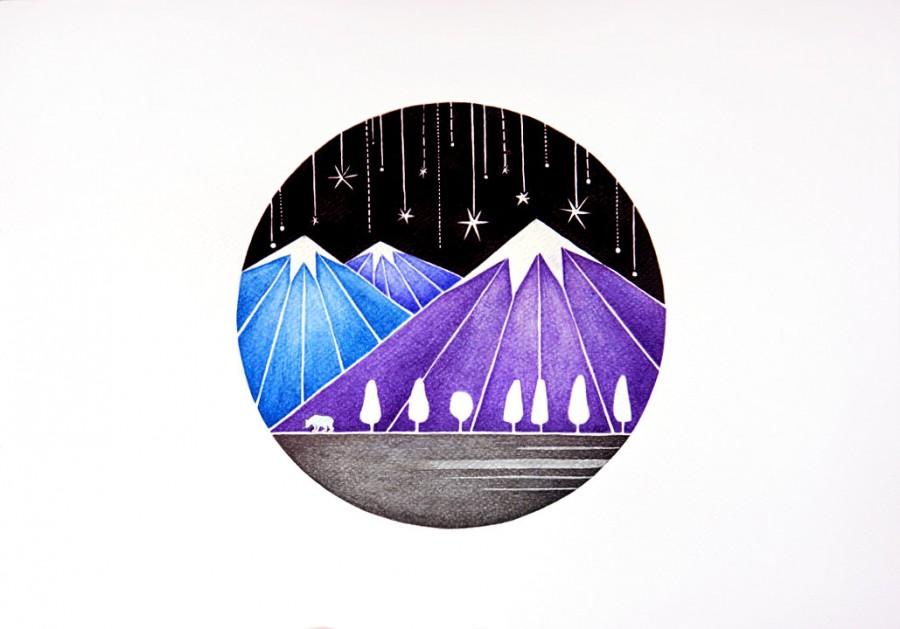 Hochzeit - Watercolor painting mountains giclee print purple wall hanging night landscape, stars, circle kids painting wall art decor by VApinx