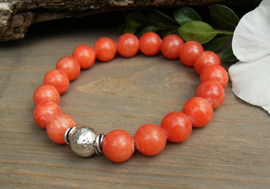 Hochzeit - Orange Jade Bracelet, Orange and Sterling Silver Stretch Bracelet, Salmon Mountain Jade Beads, Stacking, Yoga, Boho Chic Jewelry, Gift Idea