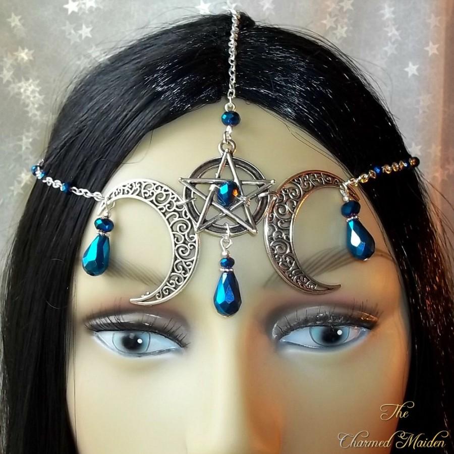 Hochzeit - Moon & Pentagram Circlet, Pentagram Headdress, Pagan Headdress, Moon Circlet, Pentacle Headpiece, Moon Goddess, Wiccan, Wicca, Midnight Blue