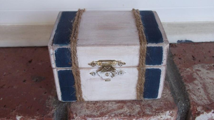 Wedding - Navy and White Distressed Beach NAutical Chest with Jute Rope Wedding Ring Box