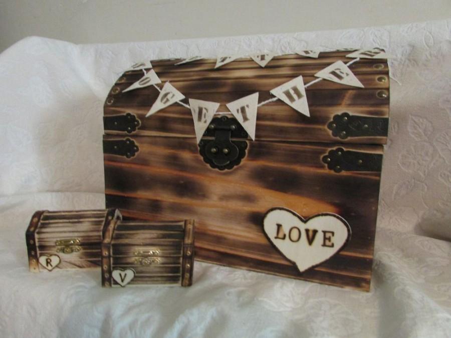 Hochzeit - Rustic Wood Burned Wedding Card and Ring Chest His Hers Ring Boxes Wedding Set H
